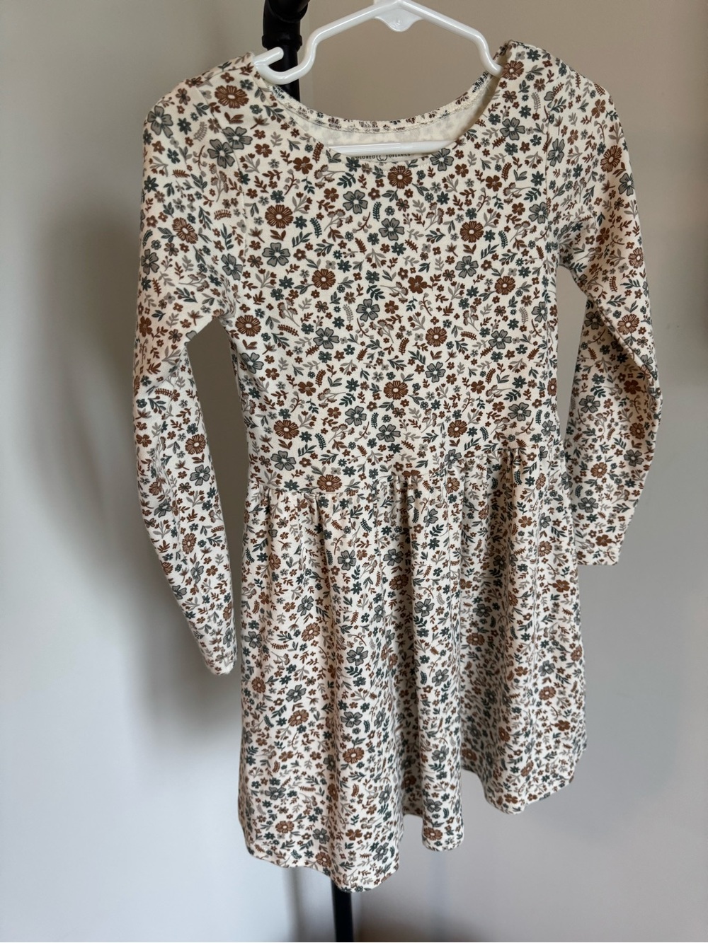 Colored Organics Cream Floral Long-Sleeve Dress with Brown & Green Print